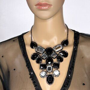 Chunky Black Rhinestone Gothic Geometric Bib‎ Necklace Black Chain